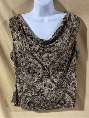 George Size L Beige Blouse with Black Paisley Cowl Neck